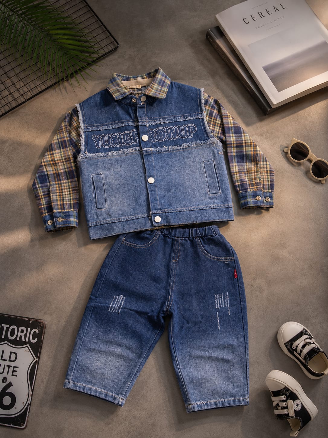 Boys 3-Piece Denim Set | Checkered Shirt, Denim Jacket & Jeans | Trendy Kids Outfit | Size 18-26