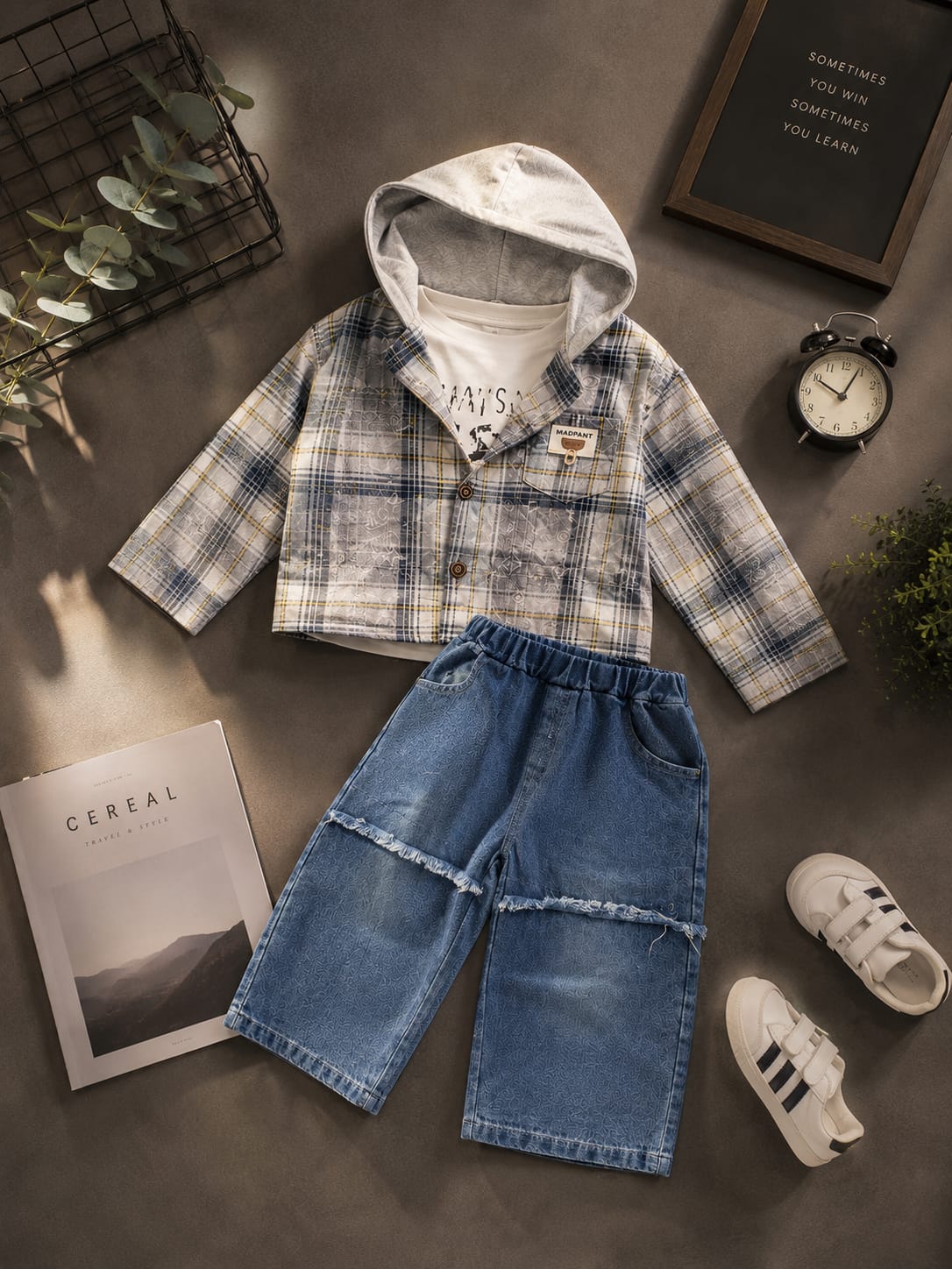 Boys 3-Piece Checkered Jacket Set | Hooded Shirt Jacket, T-Shirt & Wide-Leg Denim | Sizes 18-26