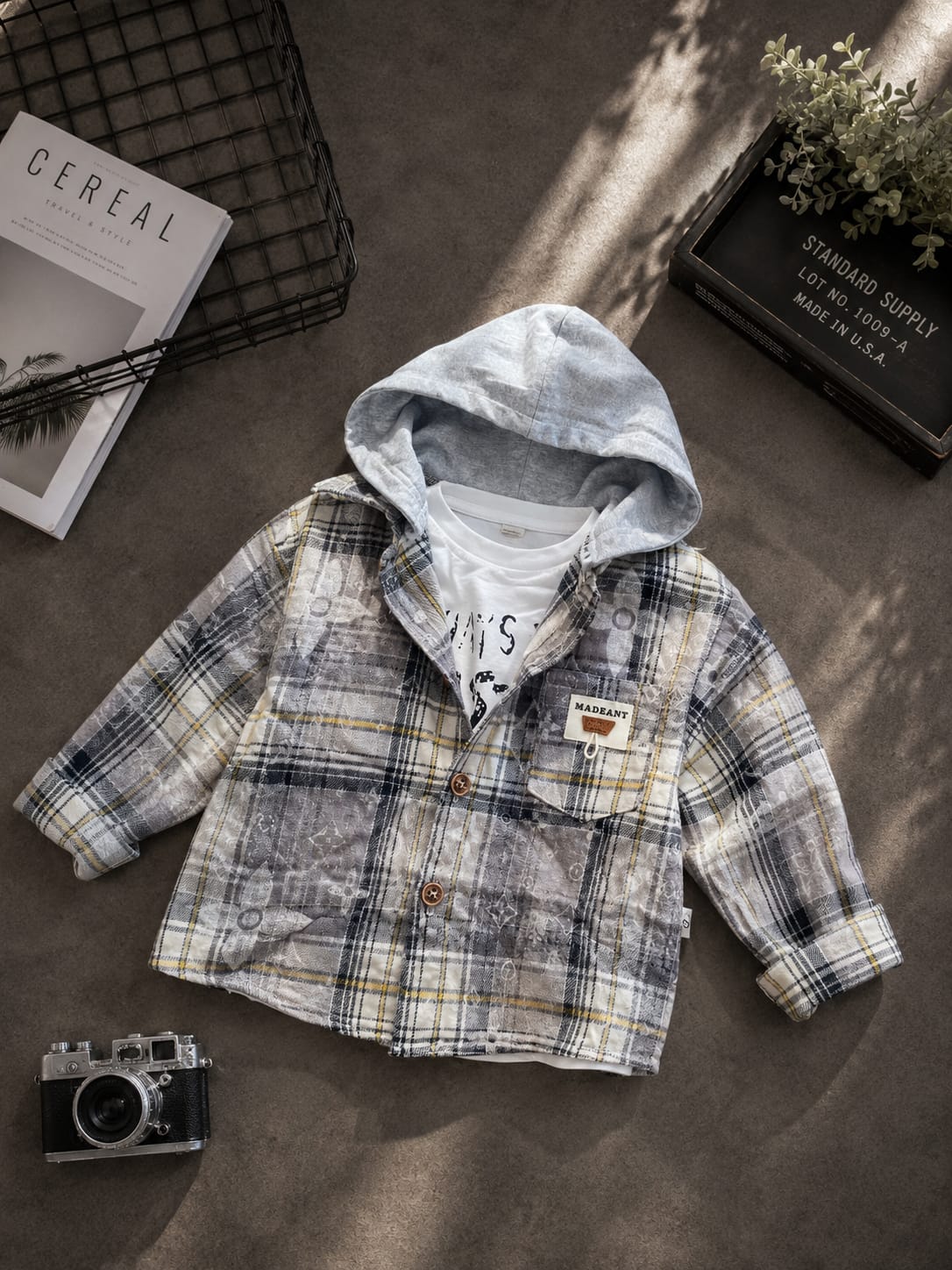Boys 3-Piece Checkered Jacket Set | Hooded Shirt Jacket, T-Shirt & Wide-Leg Denim | Sizes 18-26