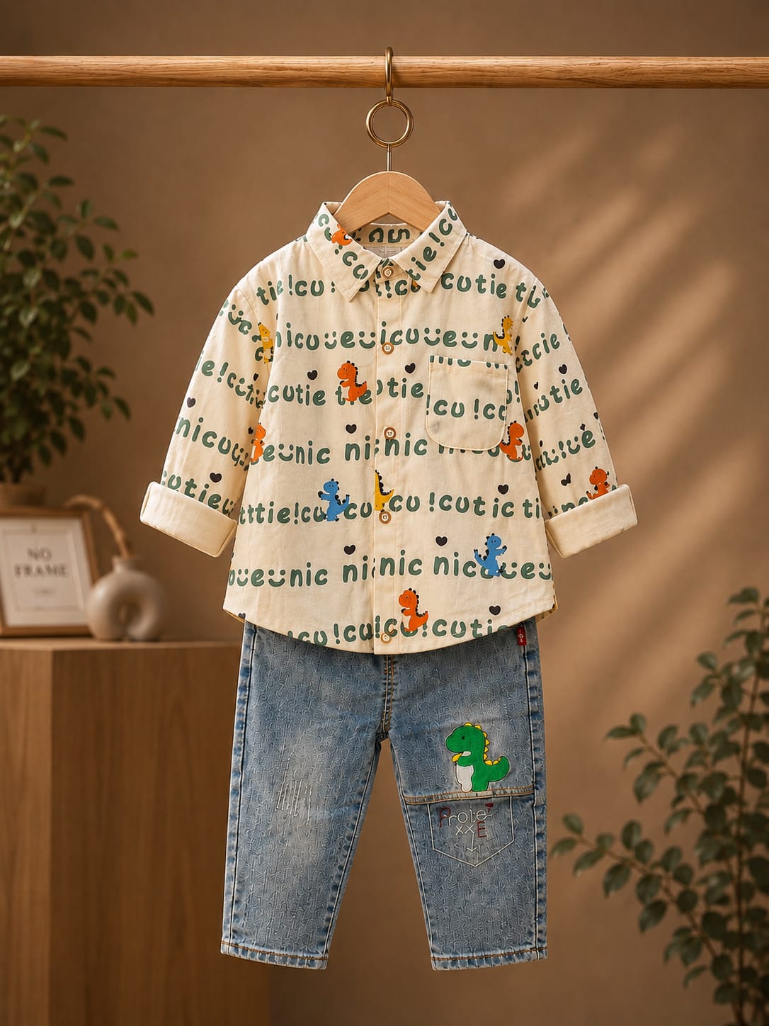 Boys 2-Piece Printed Shirt & Denim Jeans Set | Cute Dinosaur Print Outfit | Sizes 18-26