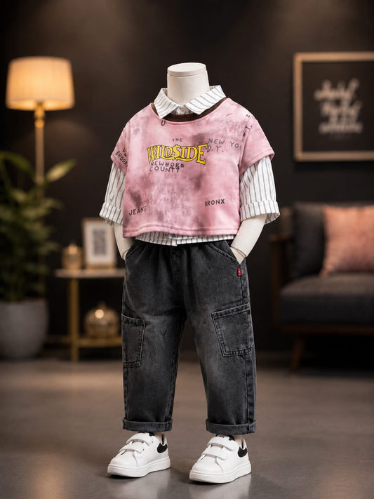 Boys 3-Piece Pink Printed T-Shirt & Shirt with Cargo Denim Set | Trendy Kids Outfit | Sizes 18-26