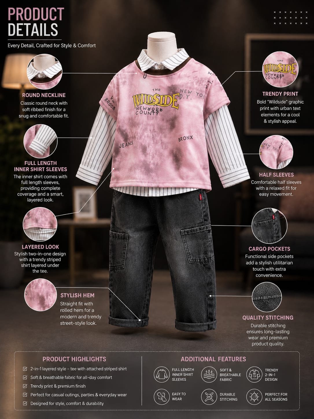 Boys 3-Piece Pink Printed T-Shirt & Shirt with Cargo Denim Set | Trendy Kids Outfit | Sizes 18-26