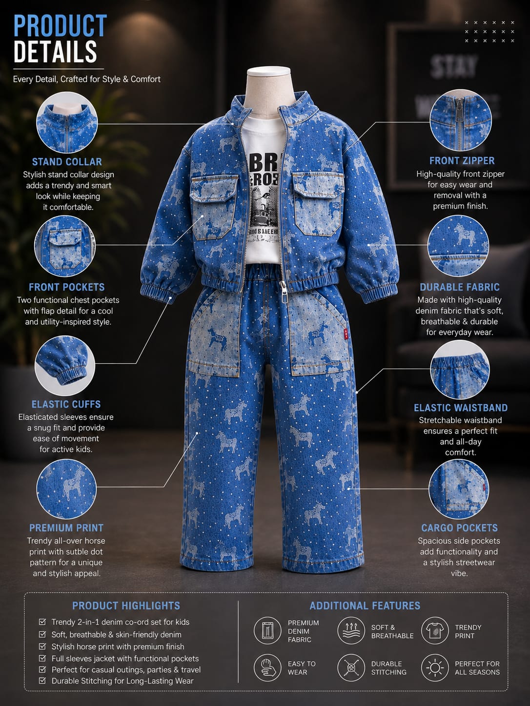 Boys 3-Piece Denim Jacket & Printed Jeans Set | T-Shirt, Denim Jacket & Pants | Sizes 18-26