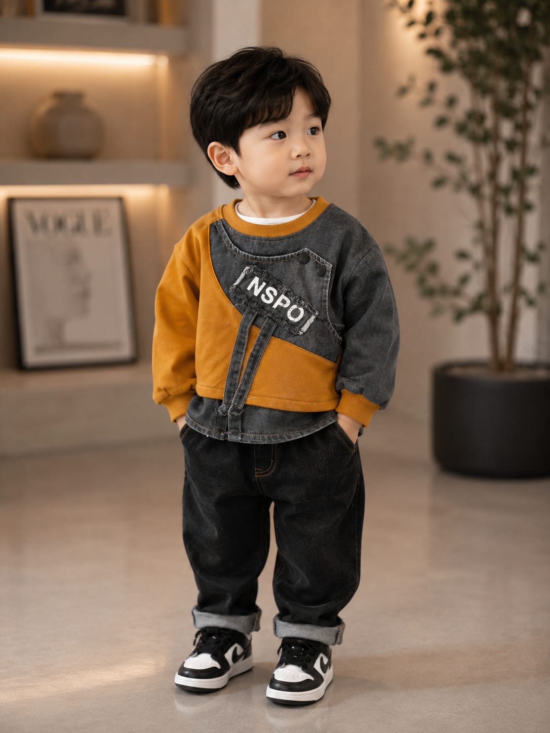 Boys Premium Denim Style Sweatshirt | Mustard & Black Trendy Kidswear | Sizes 18-26
