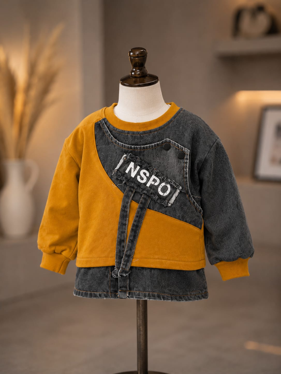 Boys Premium Denim Style Sweatshirt | Mustard & Black Trendy Kidswear | Sizes 18-26