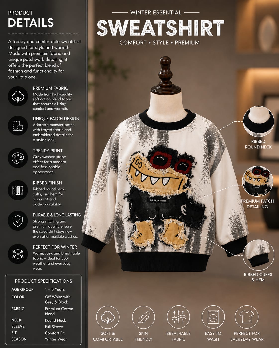 Boys Premium Monster Graphic Sweatshirt | Stylish Printed Kids Sweatshirt | Sizes 18-26