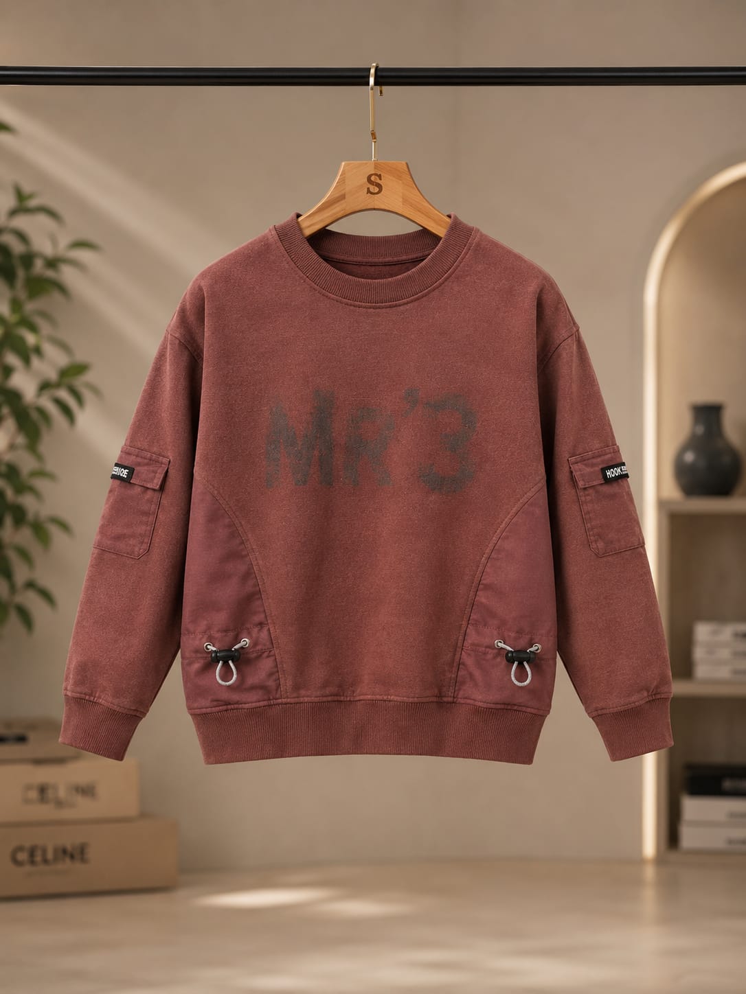 Boys Premium Utility Sweatshirt – Maroon Oversized Cargo Style