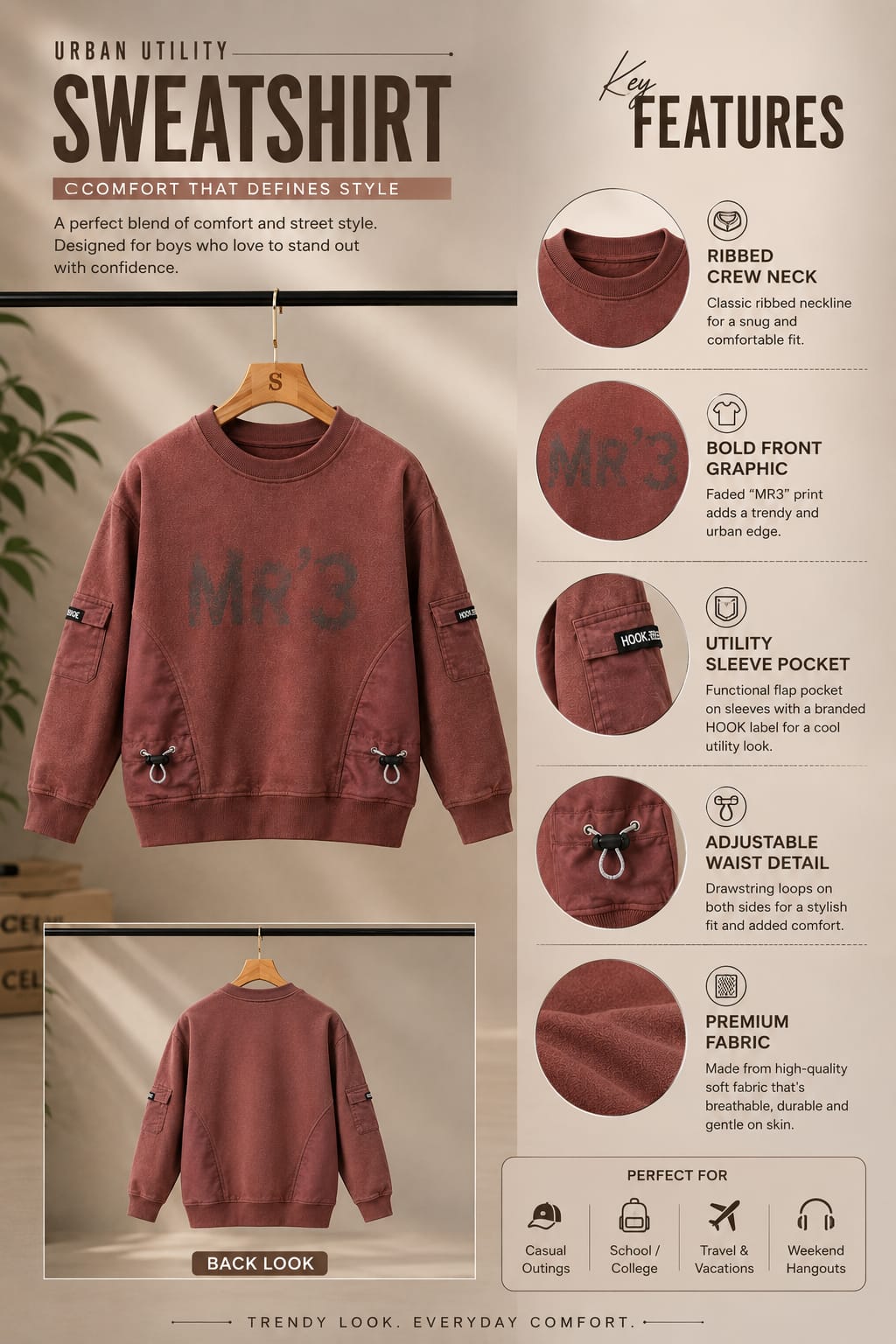 Boys Premium Utility Sweatshirt – Maroon Oversized Cargo Style