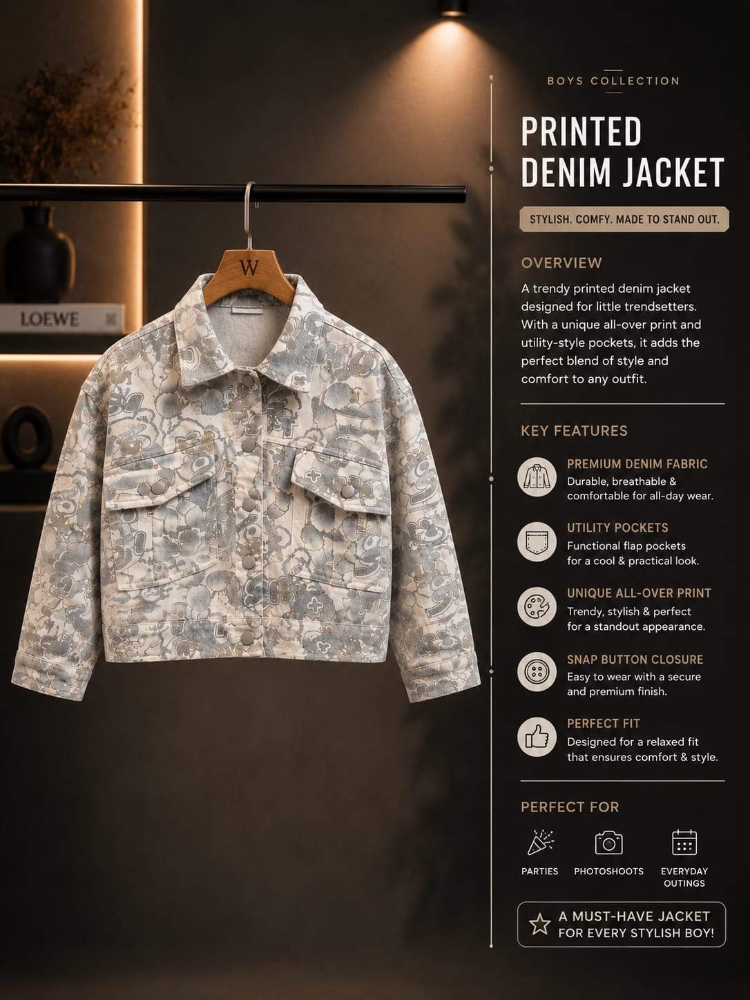 Boys Premium Printed Denim Jacket – Full Sleeve Multi-Pocket Jacket