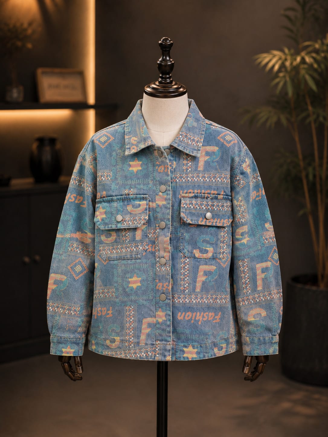 Boys Premium Printed Denim Jacket – Blue Full Sleeve Multi-Pocket Jacket