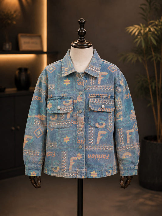 Boys Premium Printed Denim Jacket – Blue Full Sleeve Multi-Pocket Jacket