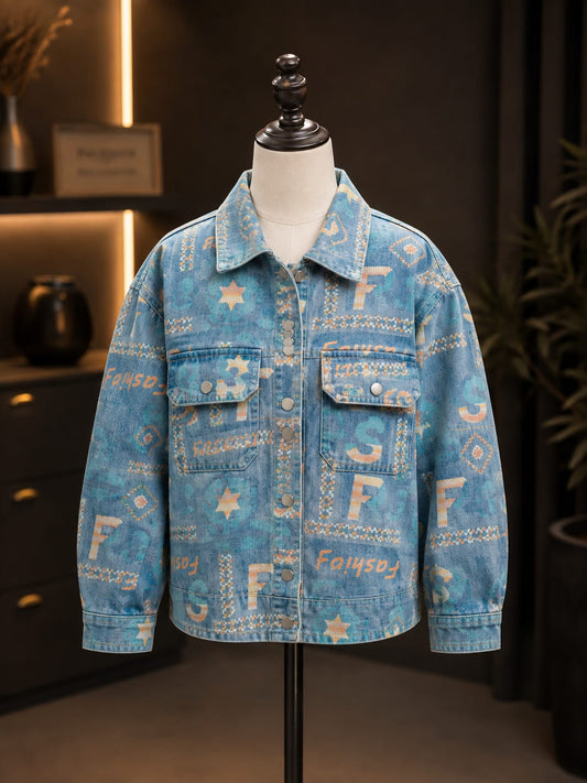 Kids Printed Denim Utility Jacket – Stylish Full Sleeve Jacket for Boys | 5–10 Years