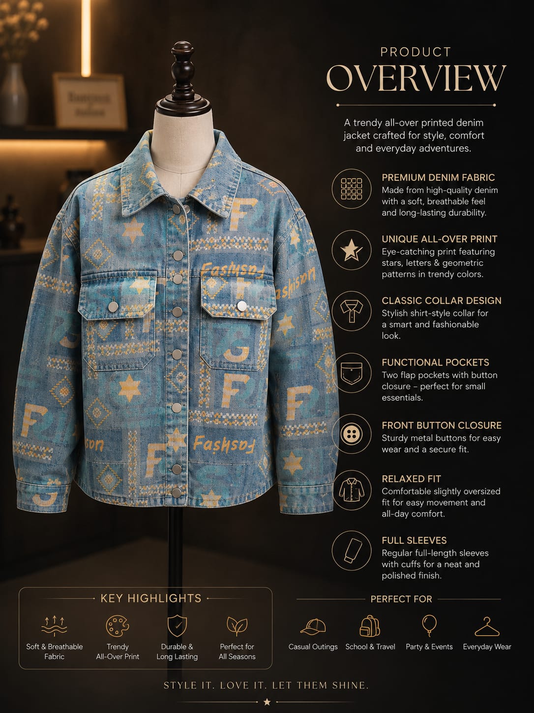 Kids Printed Denim Utility Jacket – Stylish Full Sleeve Jacket for Boys | 5–10 Years