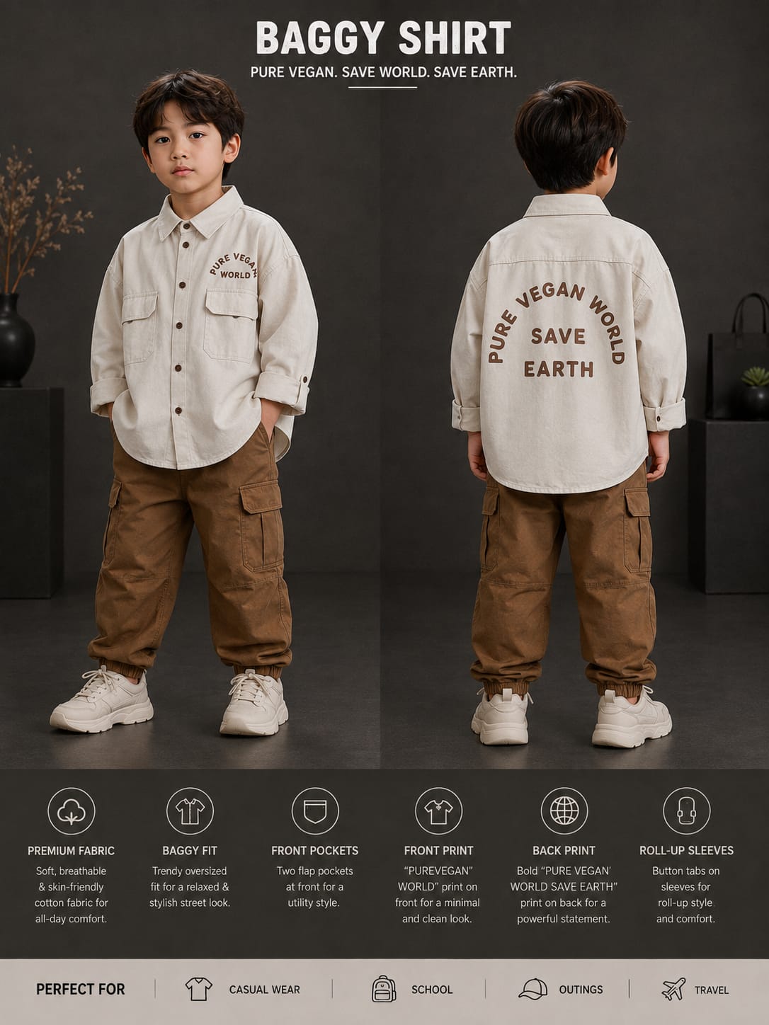 Kids Premium Cream Oversized Shirt | Pure Vegan World Graphic Shirt | 6–12 Years