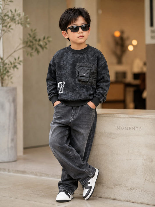 Boys Premium Black Printed Sweatshirt with Utility Pocket | Stylish Kids Sweatshirt | 6–12 Years