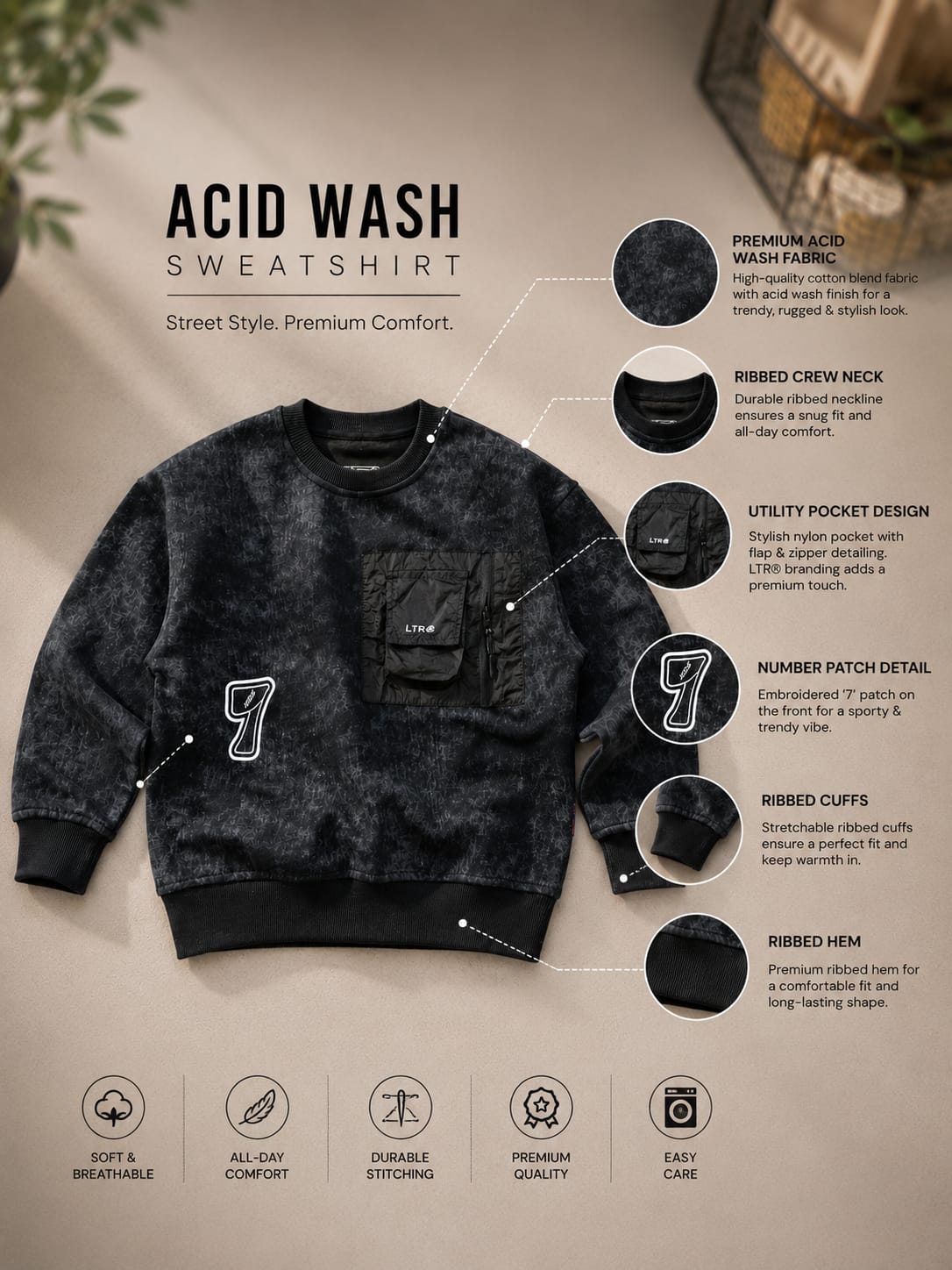 Boys Premium Black Printed Sweatshirt with Utility Pocket | Stylish Kids Sweatshirt | 6–12 Years