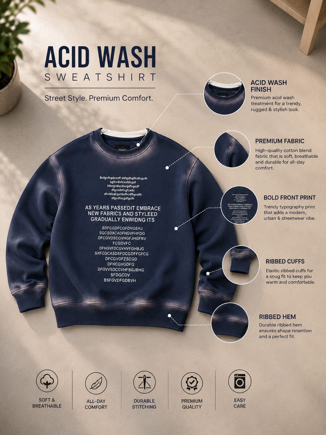 Boys Premium Navy Blue Printed Sweatshirt | Stylish Casual Kidswear | 6–12 Years