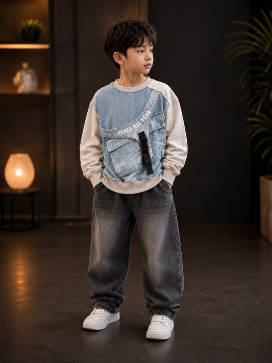 Boys Premium Denim Style Sweatshirt with Utility Pocket | Trendy Kidswear | 6–12 Years