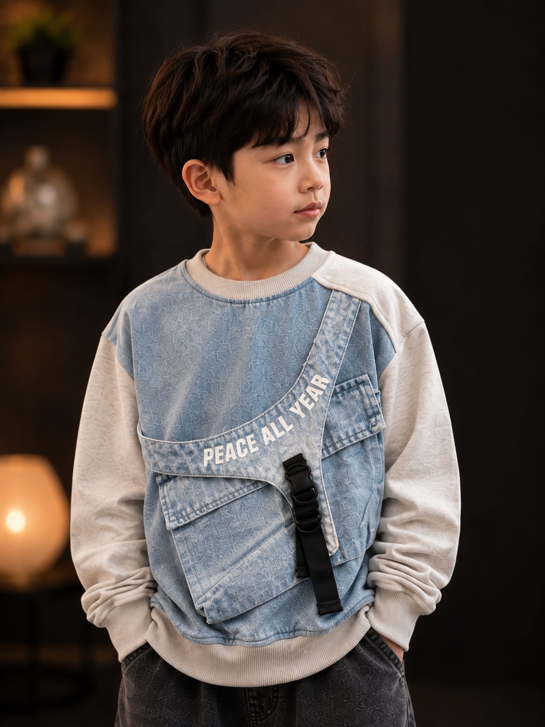 Boys Premium Denim Style Sweatshirt with Utility Pocket | Trendy Kidswear | 6–12 Years