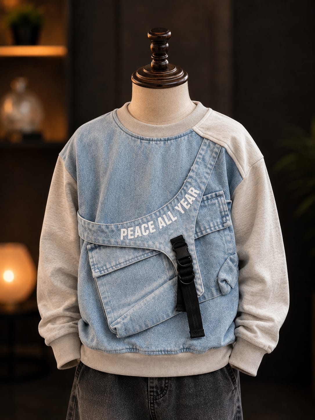 Boys Premium Denim Style Sweatshirt with Utility Pocket | Trendy Kidswear | 6–12 Years