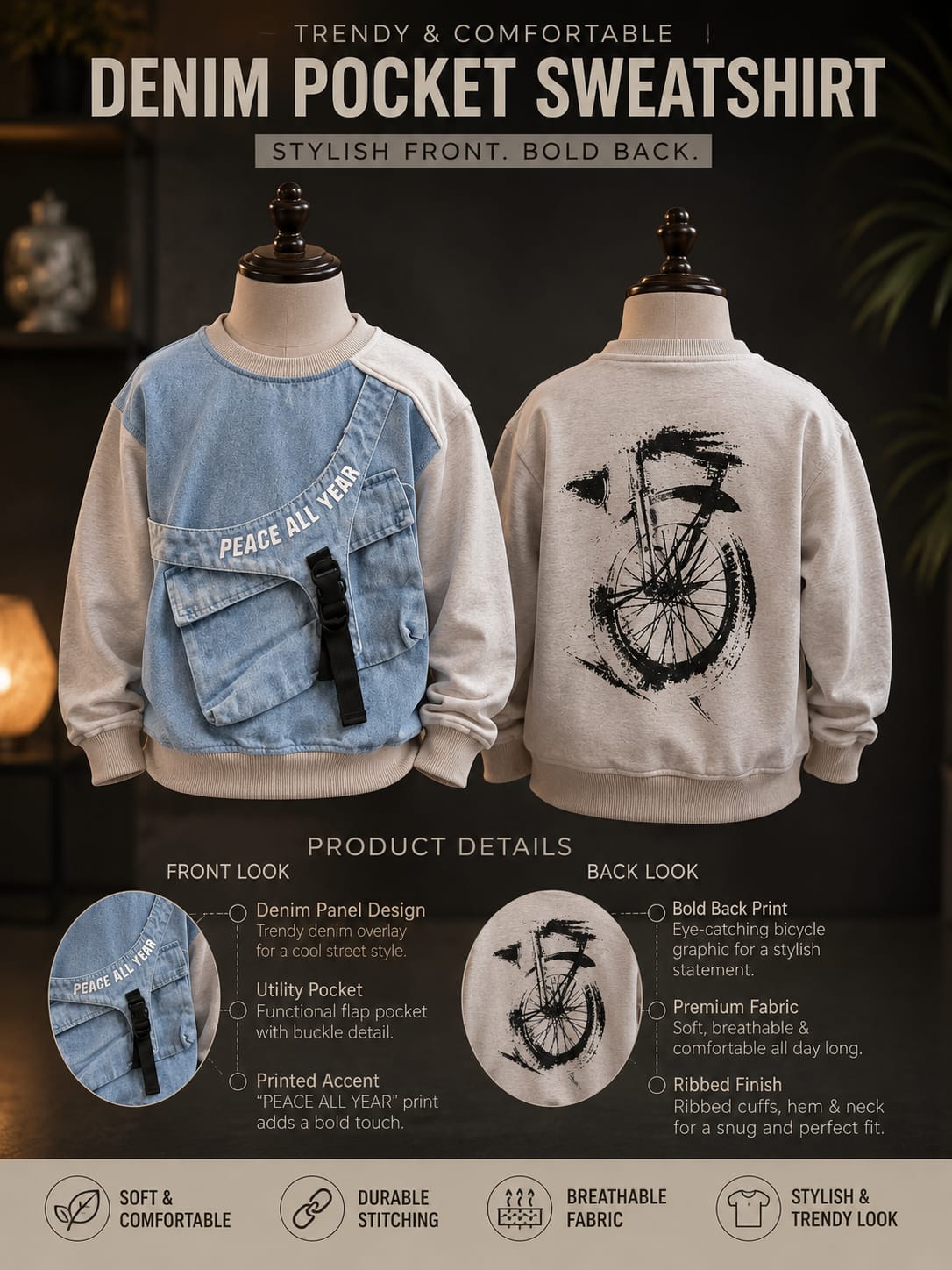 Boys Premium Denim Style Sweatshirt with Utility Pocket | Trendy Kidswear | 6–12 Years