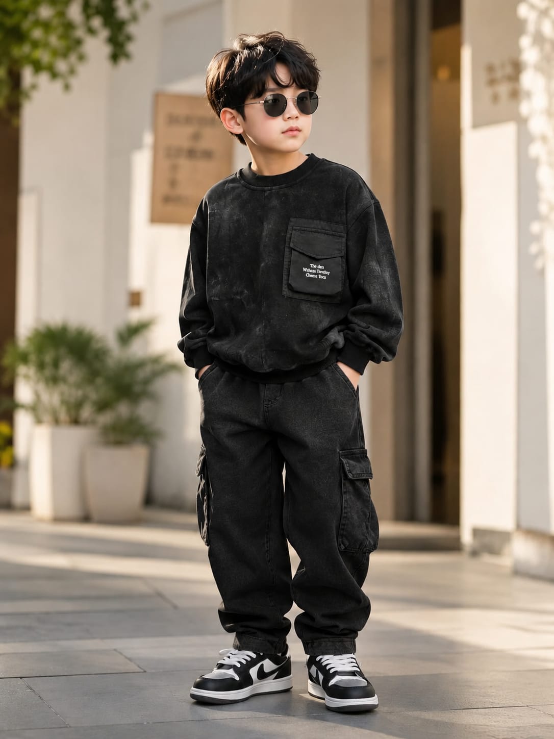 Boys Premium Black Printed Sweatshirt with Utility Pocket | Trendy Streetwear Kidswear | 6–12 Years