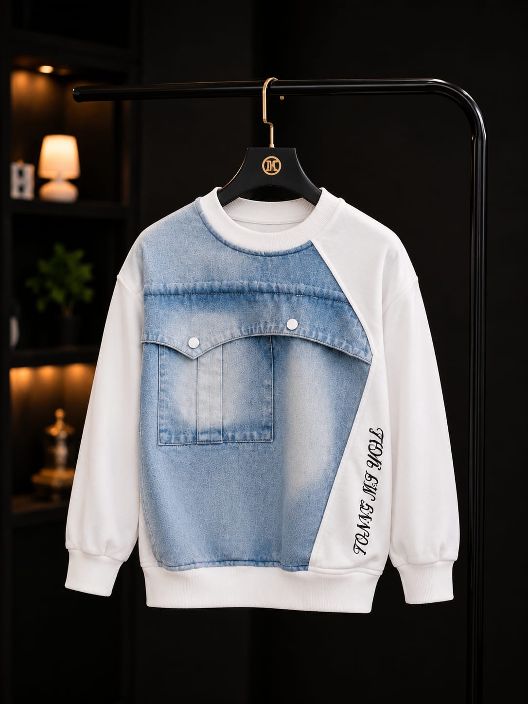 Boys Premium Denim Panel Printed Sweatshirt – Light Blue & White