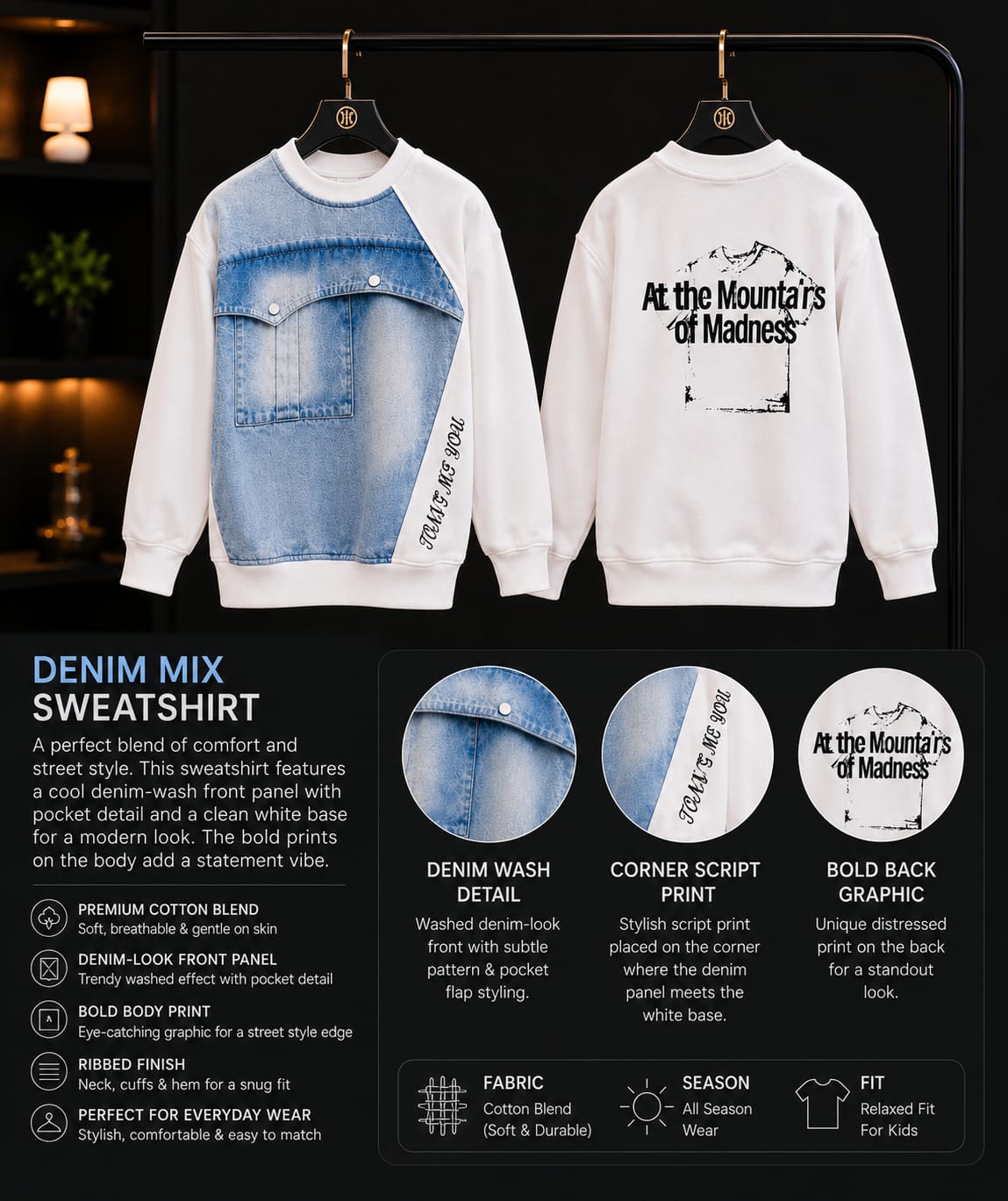 Boys Premium Denim Panel Printed Sweatshirt – Light Blue & White