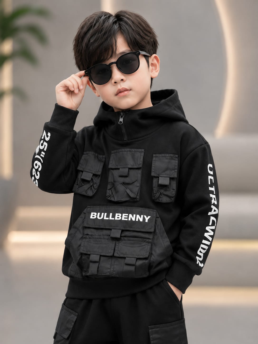 Kids Black Utility Cordset | Hooded Sweatshirt & Cargo Pants Set | 6–12 Years