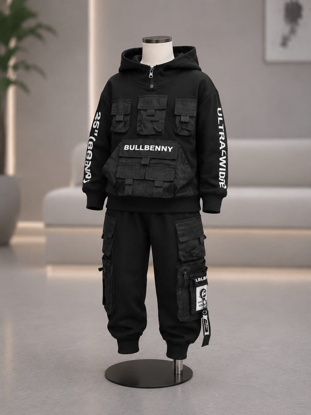 Kids Black Utility Cordset | Hooded Sweatshirt & Cargo Pants Set | 6–12 Years