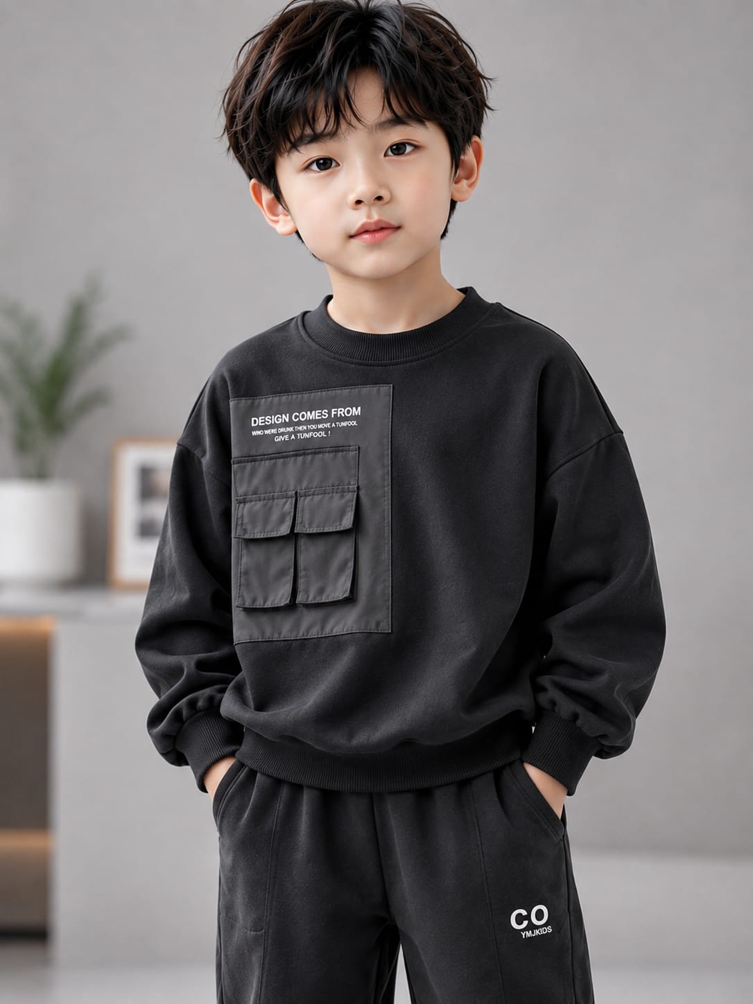 Kids Black Utility Co-Ord Set | Cargo Sweatshirt & Jogger Set | 5–10 Years