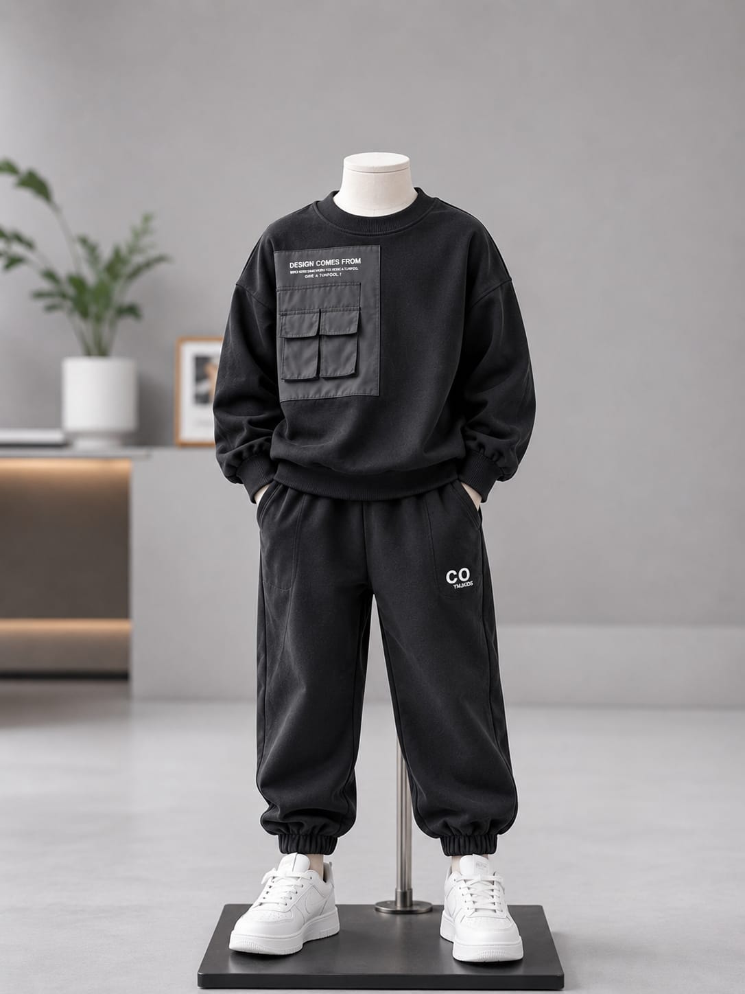 Kids Black Utility Co-Ord Set | Cargo Sweatshirt & Jogger Set | 5–10 Years