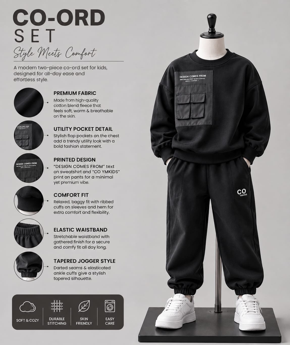 Kids Black Utility Co-Ord Set | Cargo Sweatshirt & Jogger Set | 5–10 Years