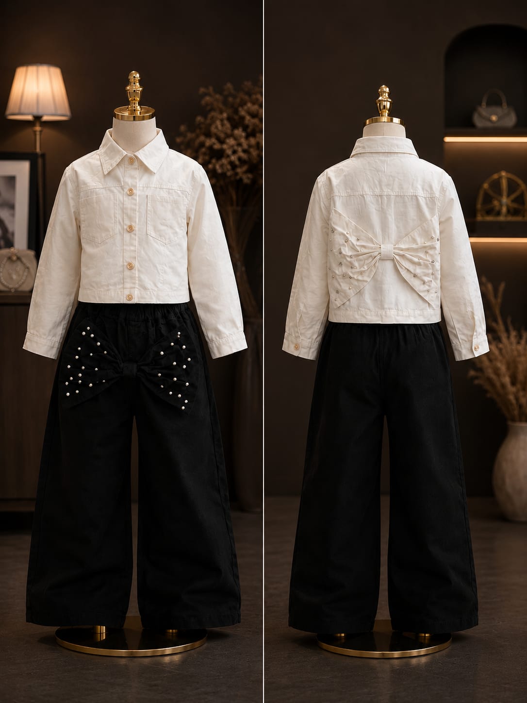 Girls White Bow Detail Shirt & Black Wide-Leg Pants Co-Ord Set | 6–12 Years