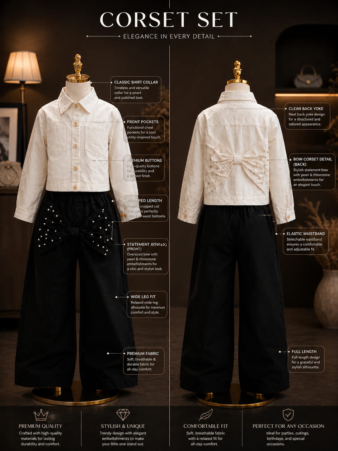 Girls White Bow Detail Shirt & Black Wide-Leg Pants Co-Ord Set | 6–12 Years