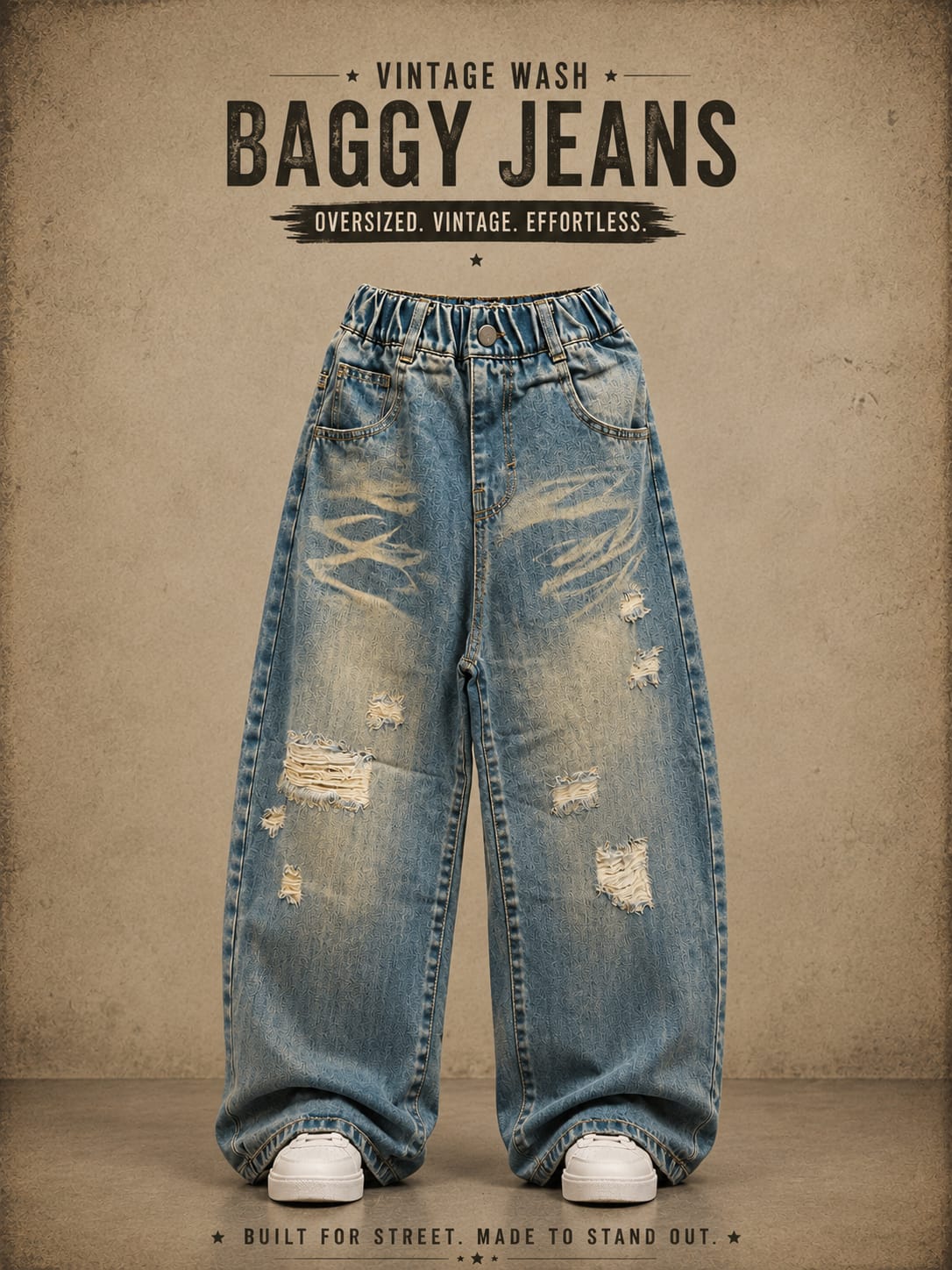 Kids Washed Blue Baggy Fit Distressed Jeans | Wide-Leg Denim | 6–12 Years