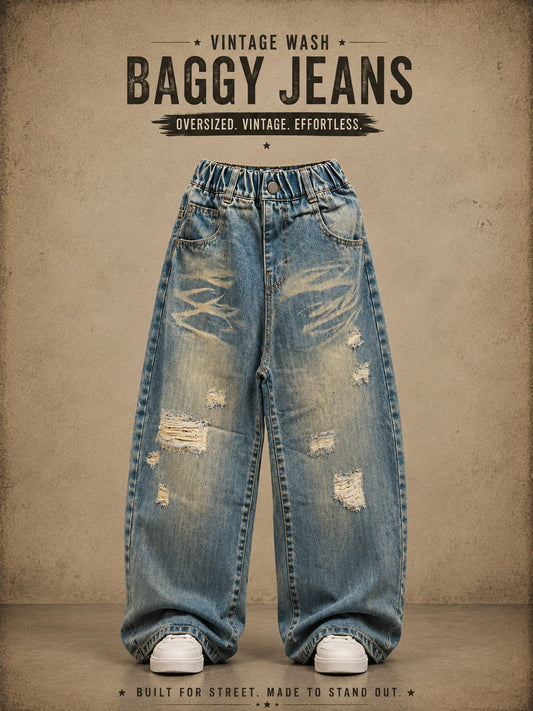 Kids Washed Blue Baggy Fit Distressed Jeans | Wide-Leg Denim | 6–12 Years