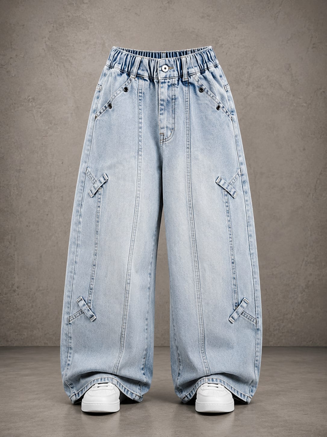 Kids Light Blue Baggy Wide-Leg Jeans with Strap Detail | 6–12 Years