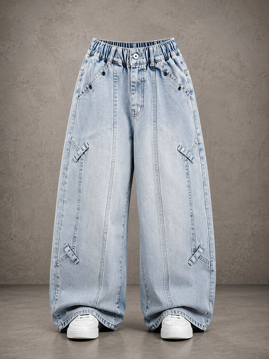 Kids Light Blue Baggy Wide-Leg Jeans with Strap Detail | 6–12 Years