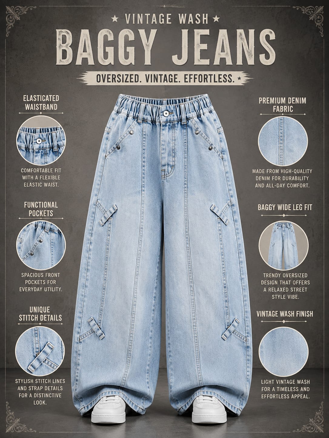 Kids Light Blue Baggy Wide-Leg Jeans with Strap Detail | 6–12 Years