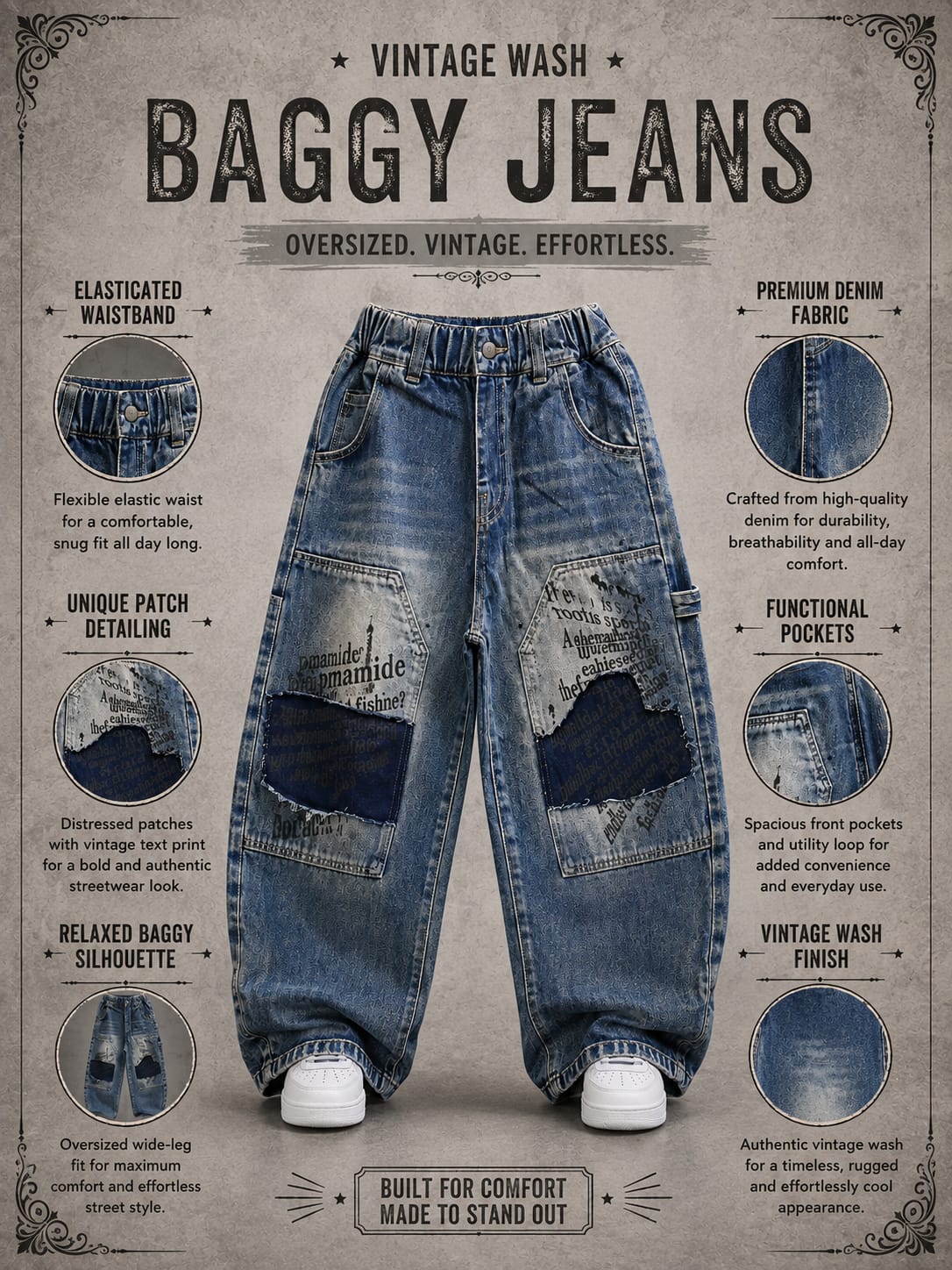 Kids Oversized Patchwork Denim Jeans – Blue | 6–12 Years