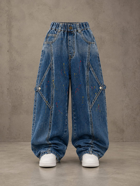 Kids Oversized Blue Denim Jeans with Side Strap Detailing – 6–12 Years