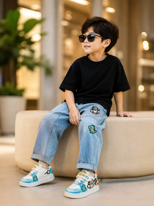 Kids LED Light-Up Sneakers – White & Blue Cartoon Design Shoes | EU 22–26