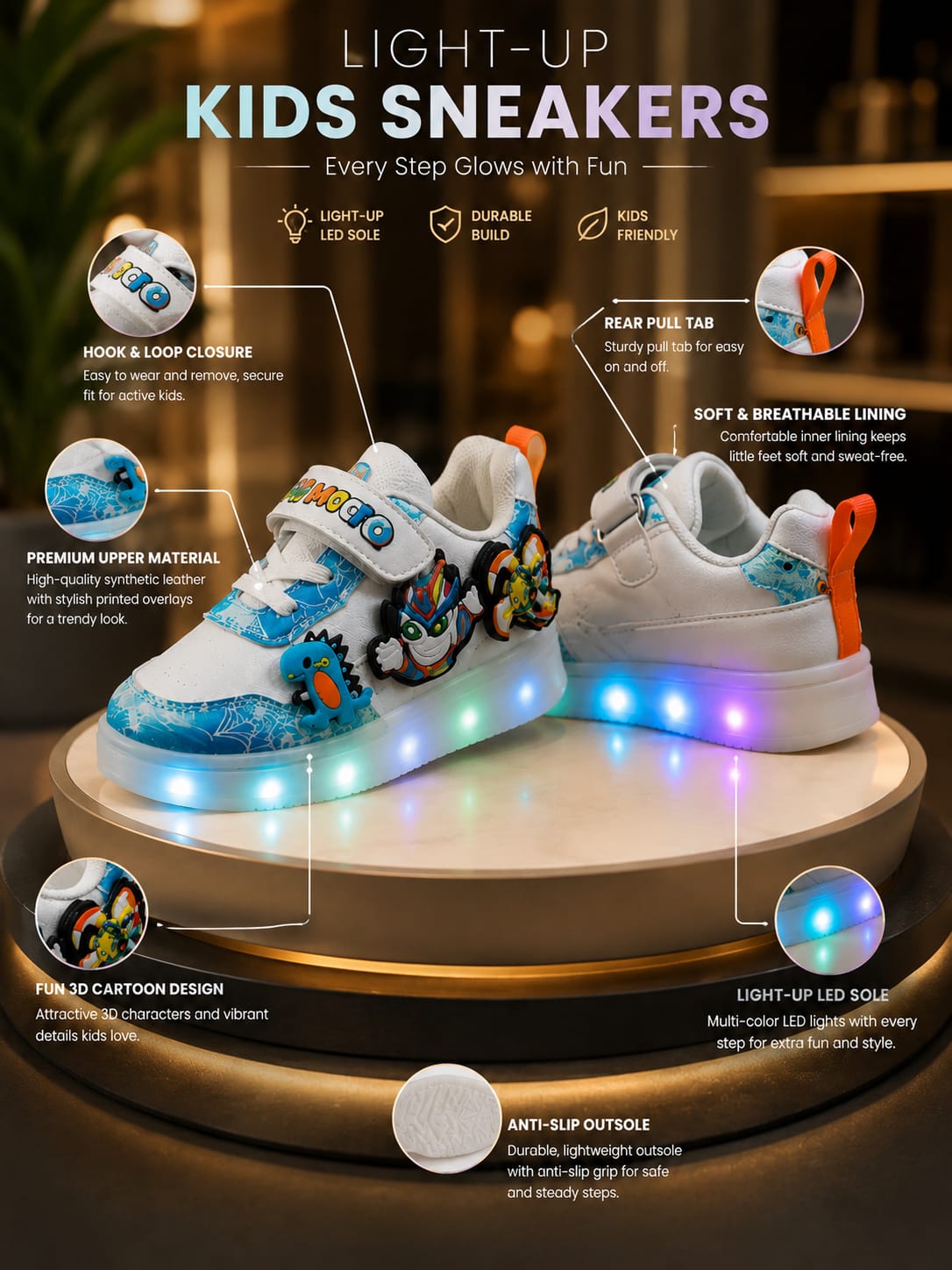 Kids LED Light-Up Sneakers – White & Blue Cartoon Design Shoes | EU 22–26
