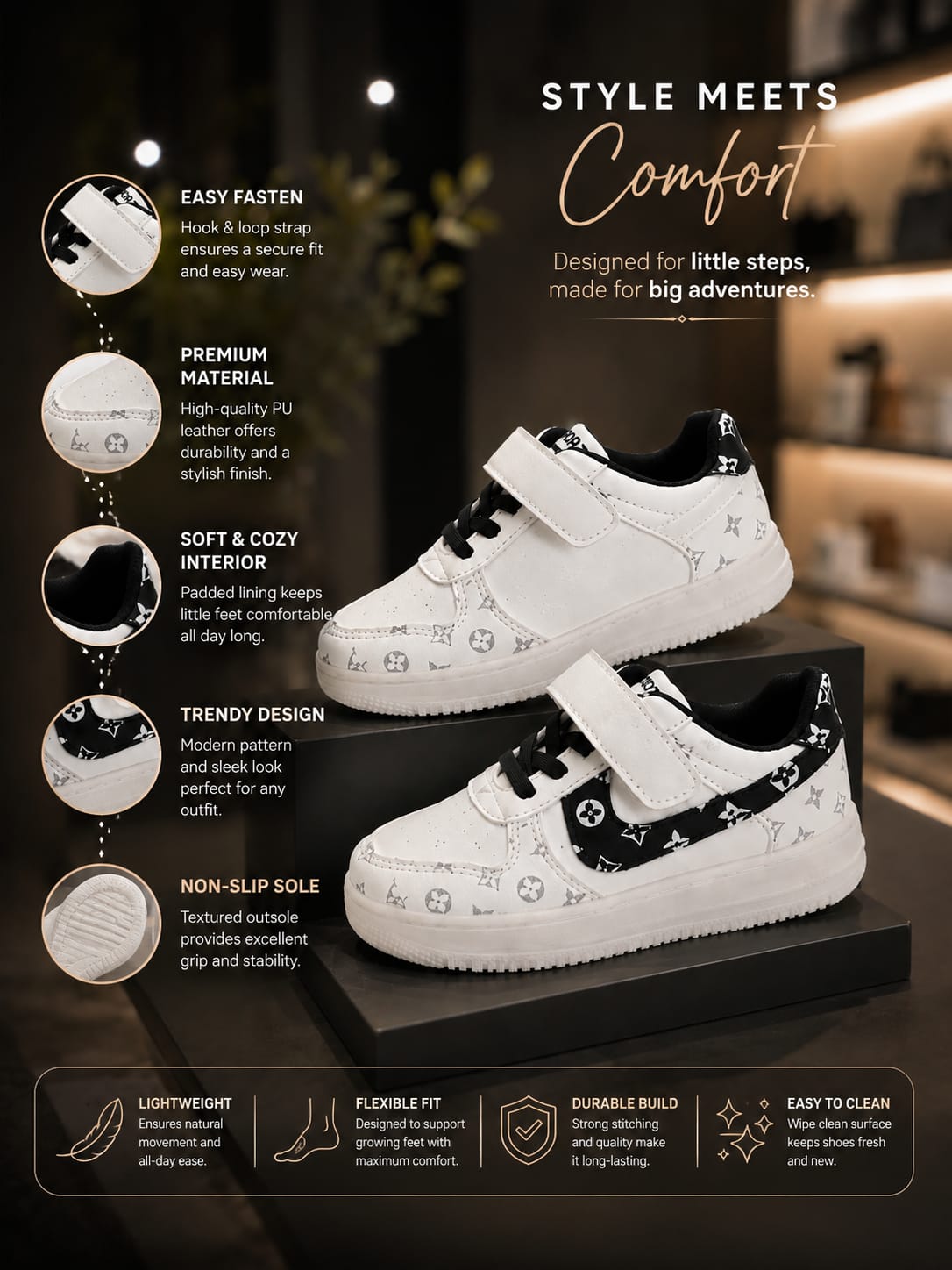 Kids Stylish Casual Sneakers – White & Black Printed Shoes | EU 26–30
