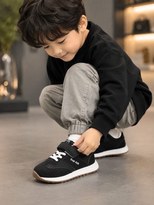 Kids Sports Sneakers – Black & White Casual Shoes with Velcro Strap | EU 26–30
