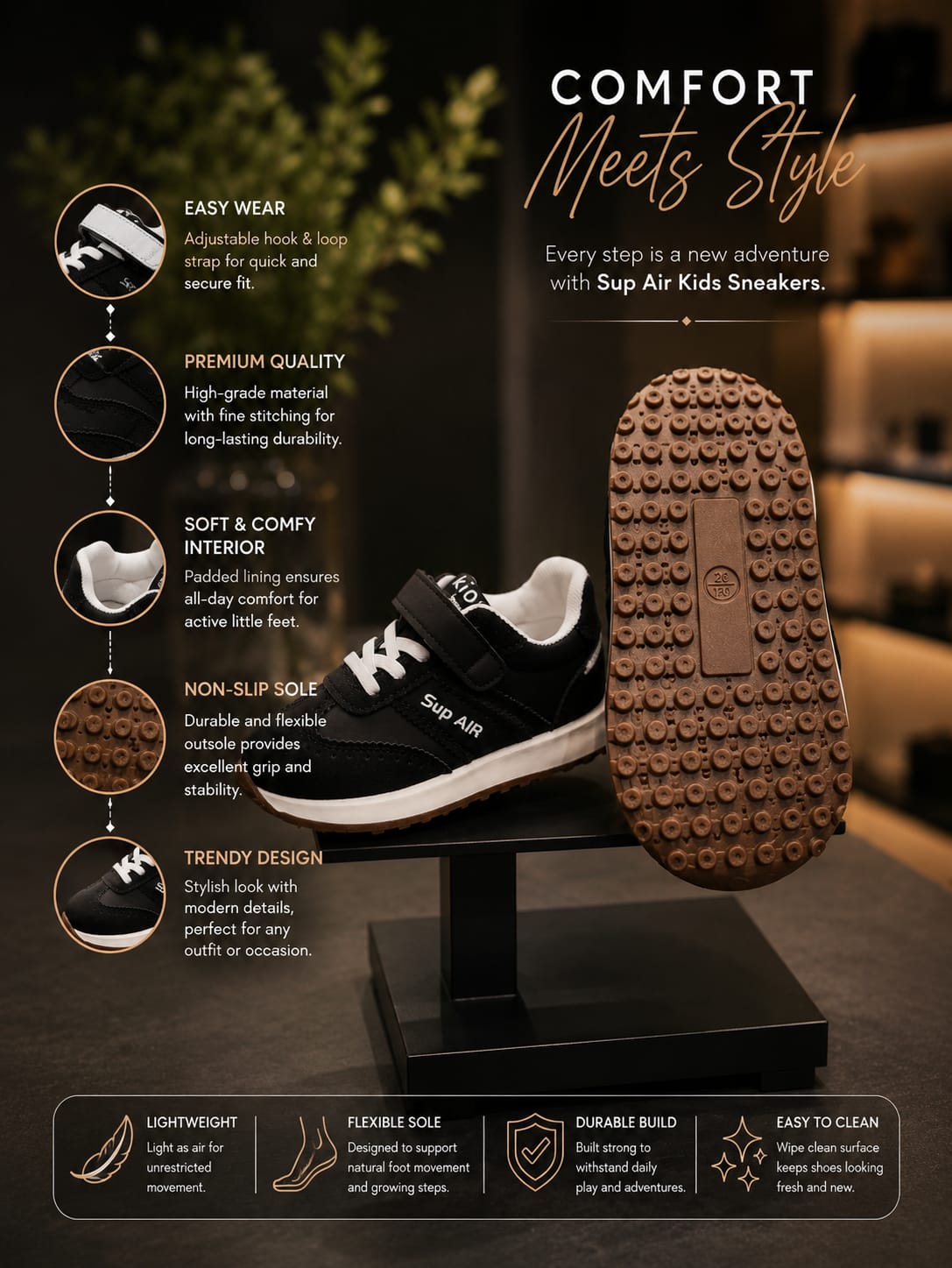 Kids Sports Sneakers – Black & White Casual Shoes with Velcro Strap | EU 26–30