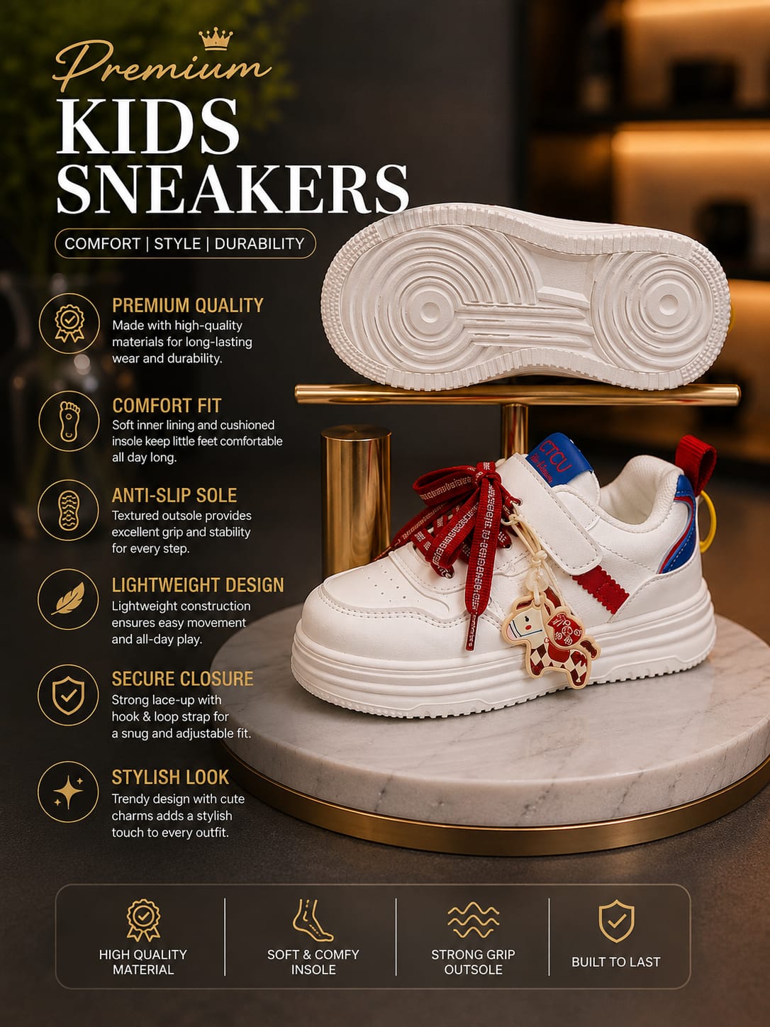 Kids White & Red Stylish Casual Sneakers for Boys & Girls – EU 26-31