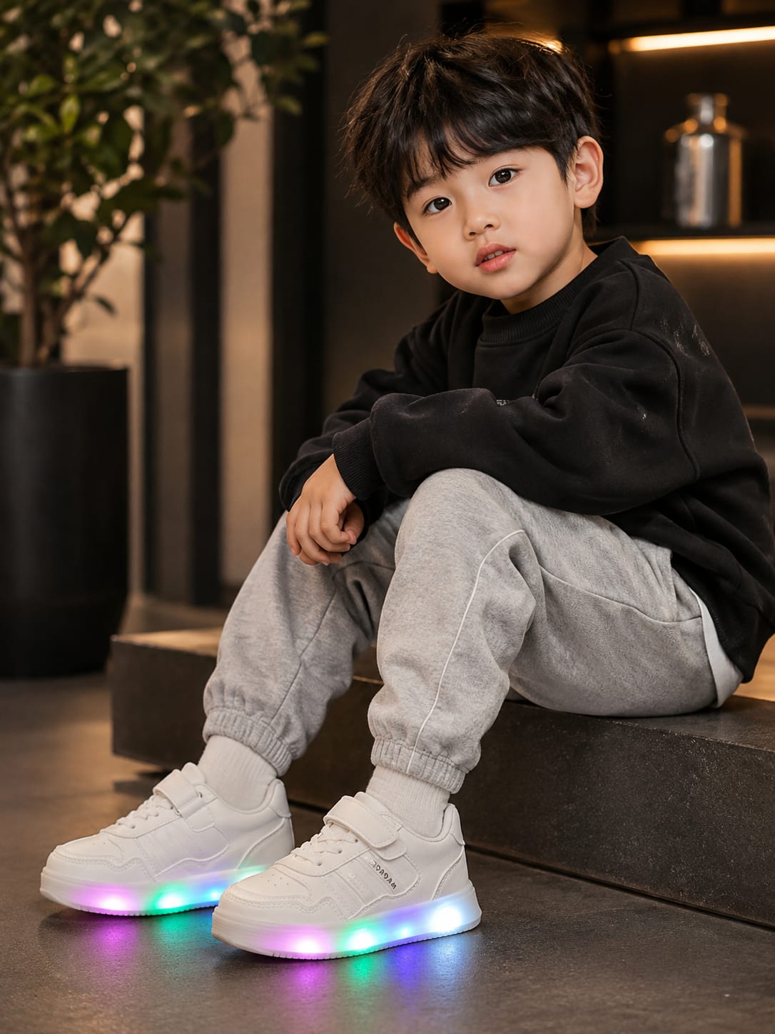Kids White LED Light-Up Sneakers – Stylish Velcro Casual Shoes | EU 26-30