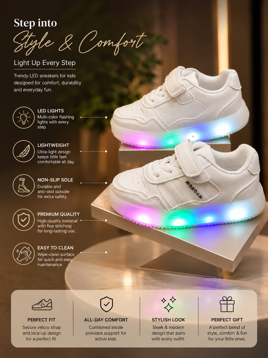 Kids White LED Light-Up Sneakers – Stylish Velcro Casual Shoes | EU 26-30